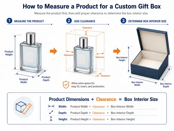 Illustration showing how to measure a product for a custom gift box: product dimensions plus clearance equals box interior size.