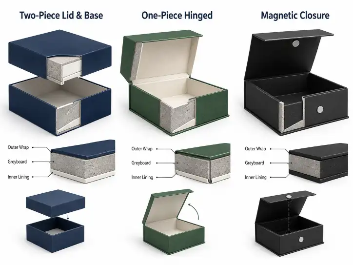Side-by-side comparison of rigid box construction methods: two-piece lid and base, one-piece hinged, and magnetic closure boxes showing internal structure and board layers.