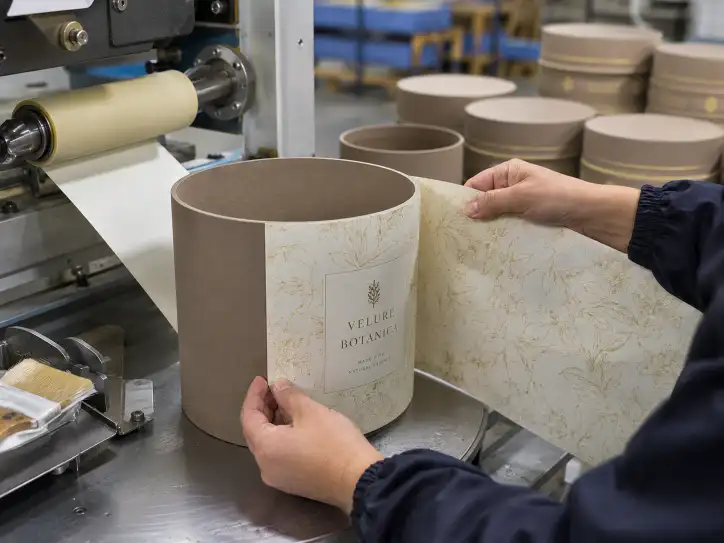 Printed paper being wrapped around a round gift box body during manufacturing