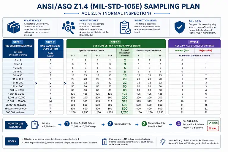 ANSI sampling table infographic showing how sample size scales with lot size and the accept/reject thresholds for AQL 2.5%