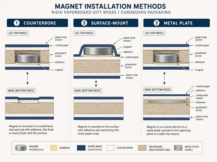 Cross-section diagram of magnet installation: counterbore vs surface-mount vs metal plate — showing how each method secures the magnet in the board