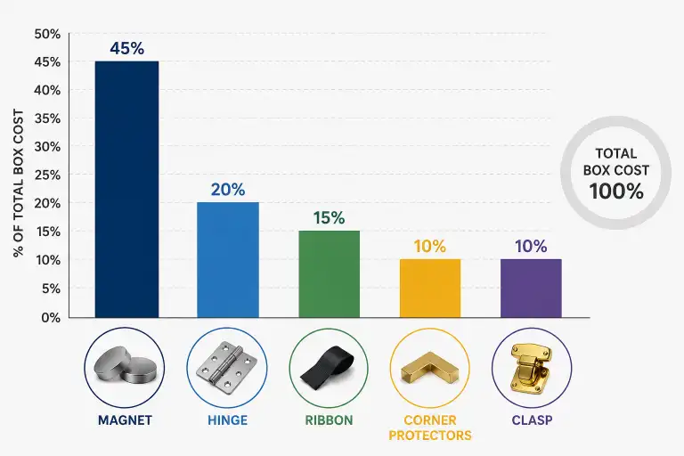 Hardware cost breakdown bar chart showing magnet, hinge, ribbon, corner protectors, and clasp as percentages of total box cost
