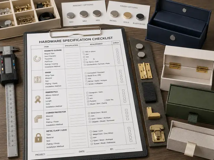 Hardware specification checklist on a workbench next to box samples with magnets, hinges, and ribbon pulls