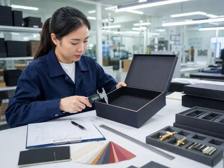 QC inspector examining a rigid gift box under bright lighting with measurement tools on a workbench