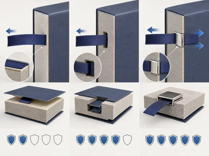 Ribbon installation comparison: glued under wrap vs slot insertion vs metal clamp — with durability ratings for each method