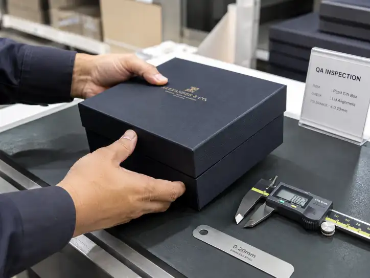 QC inspector's hands checking lid alignment on a rigid gift box with a caliper and gap gauge