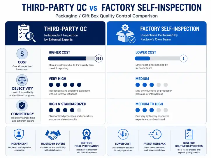 Infographic comparing third-party QC vs factory self-inspection across cost, objectivity, and consistency metrics