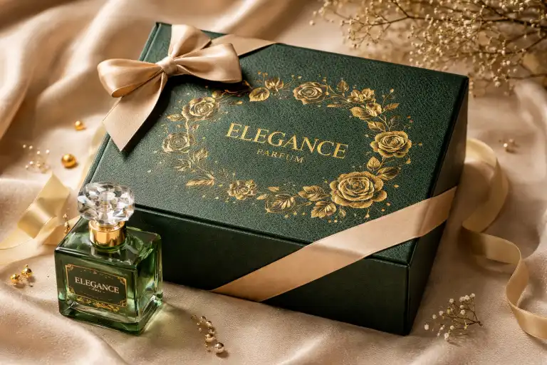 Foil stamping and textured paper on luxury perfume gift box