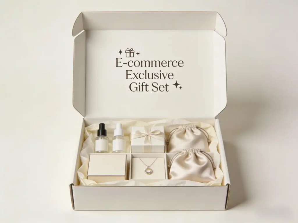 Mailing box for e-commerce gift set with products arranged inside