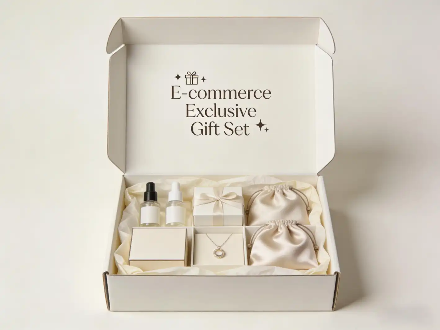 Mailing box for e-commerce gift set with products arranged inside