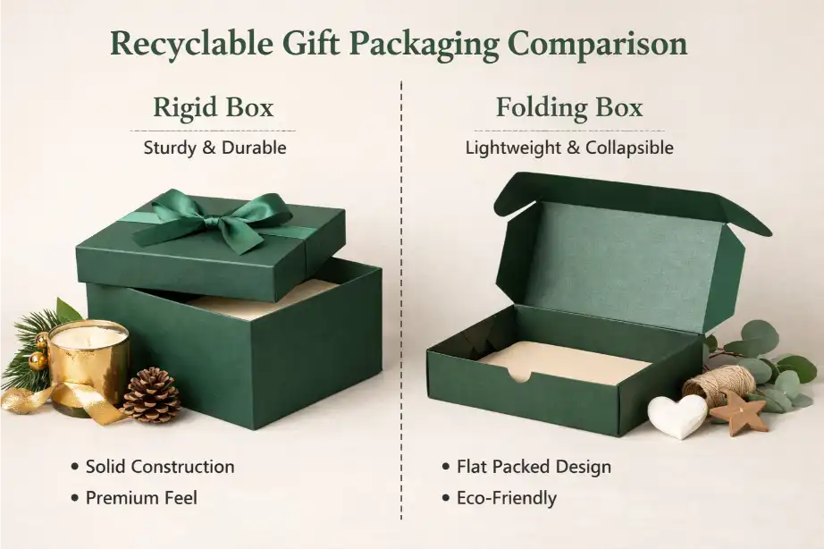 Recyclable rigid box and folding box comparison for gift packaging