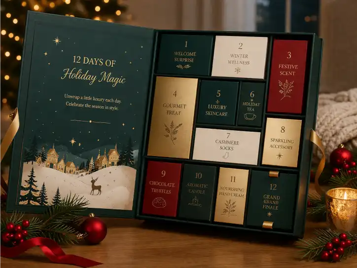 Custom advent calendar box with multiple premium compartments opened for holiday campaign