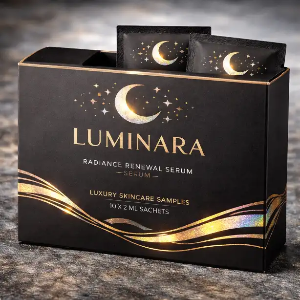 Soft-touch and foil details on premium skincare sample packaging