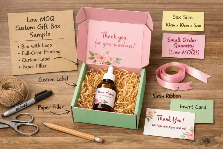 Low MOQ custom gift box sample with product and packaging notes on table