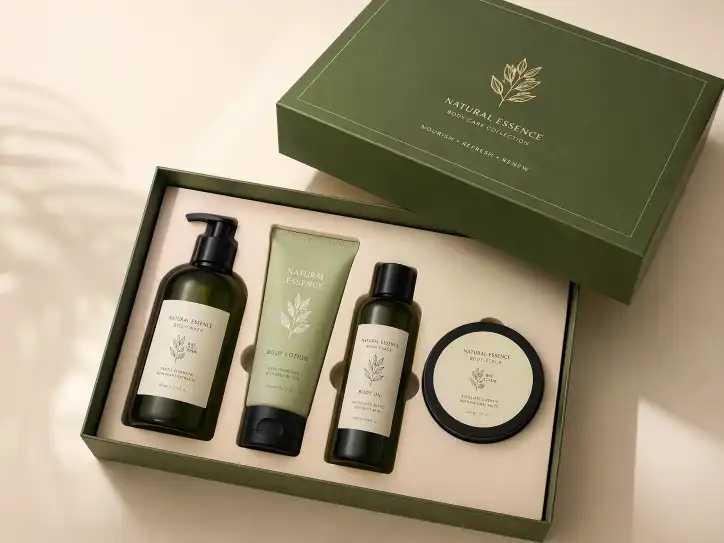 Body care products arranged neatly in a custom insert inside a gift box