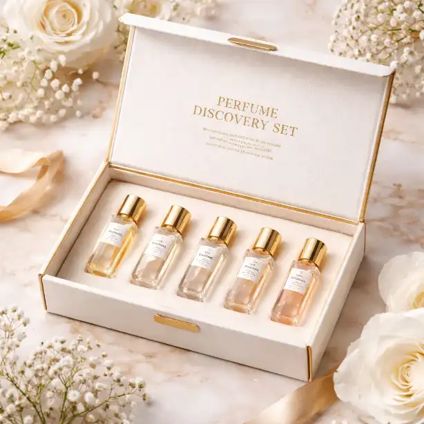 Premium perfume discovery set packaging with mini fragrance bottles inside