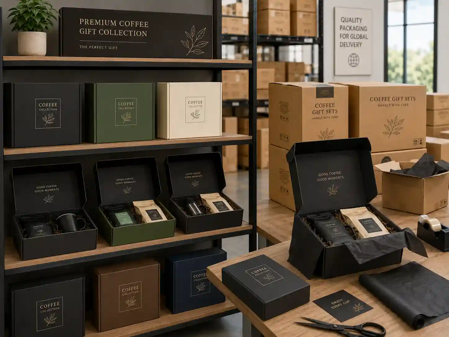 Finished coffee gift box sets ready for retail and packing