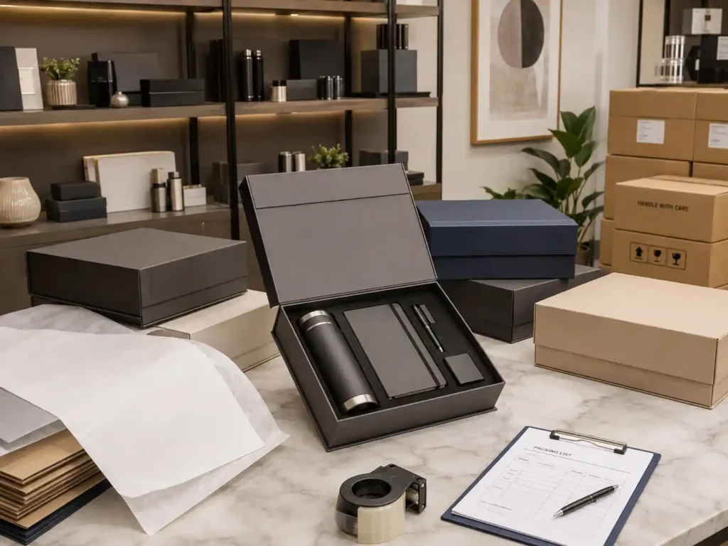 Finished corporate gift box sets prepared for export packing