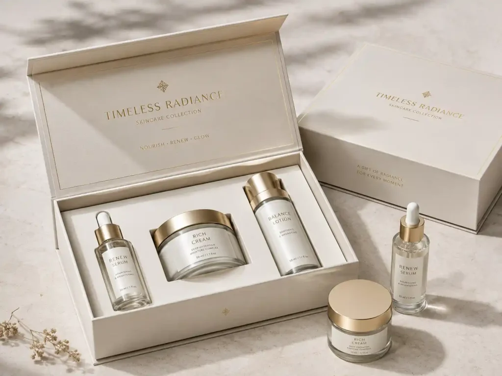 Premium cosmetic gift box with skincare bottles and fitted insert