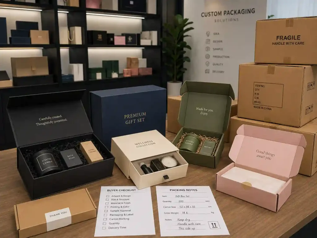 Finished custom gift box sets prepared for export packing