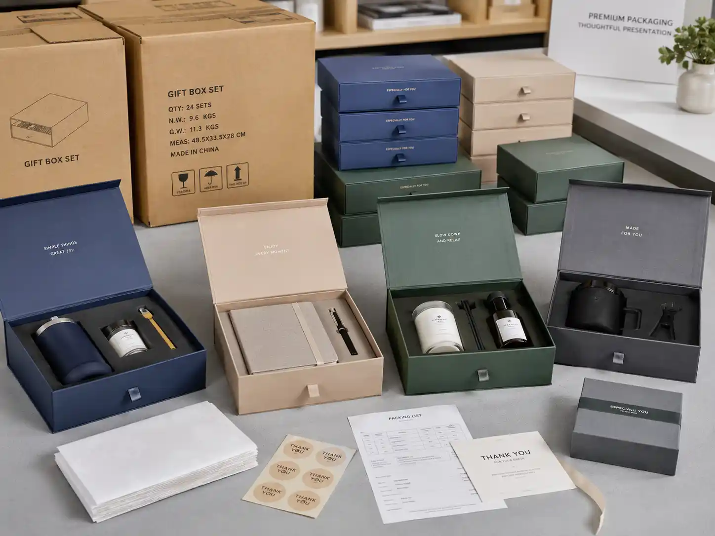 Export-ready drawer gift box sets with fitted inserts