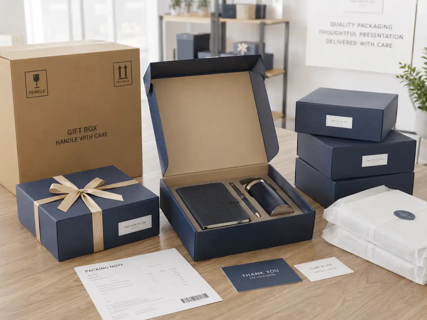 Export-ready lid and base gift boxes with protective packing