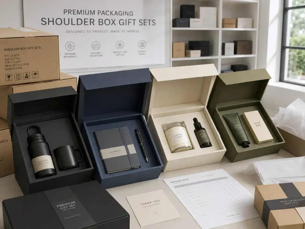 Export-ready shoulder box gift sets with protective cartons