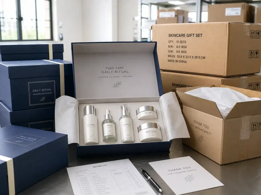 Export-ready skincare gift box packaging with cartons