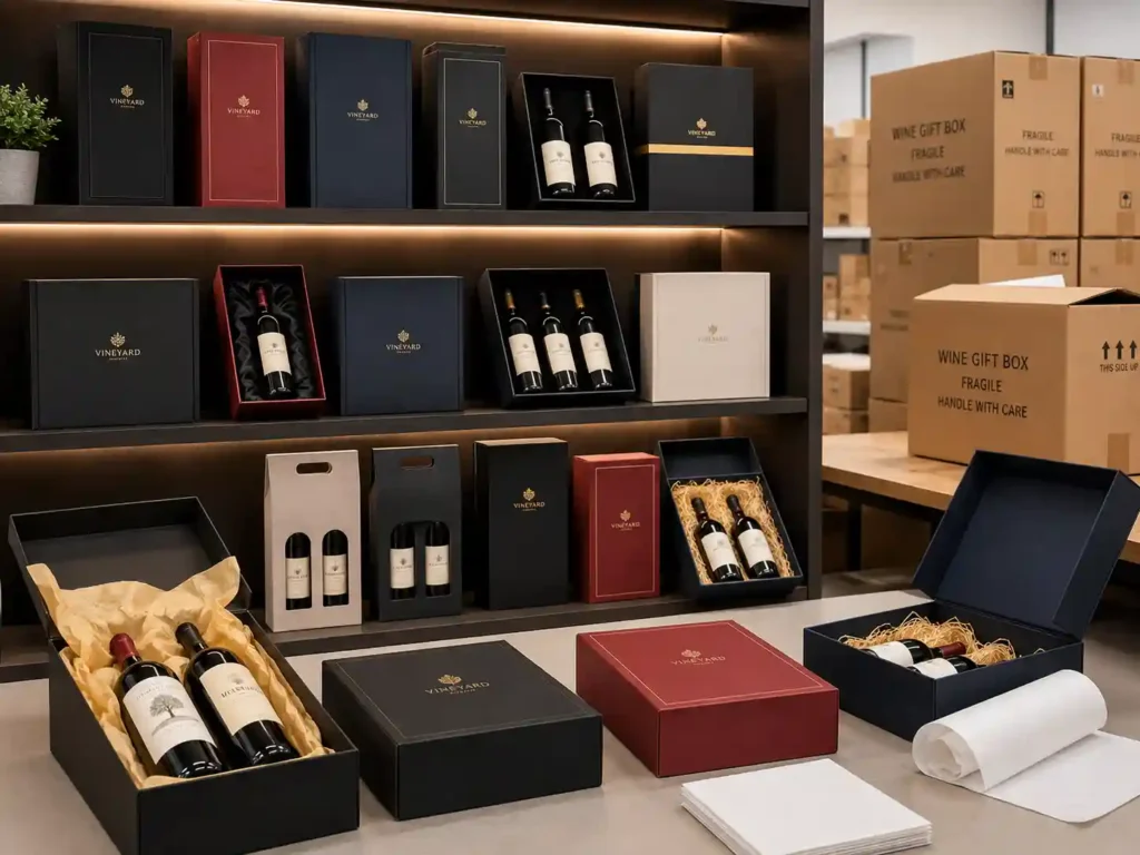 Finished wine gift box sets ready for export packing