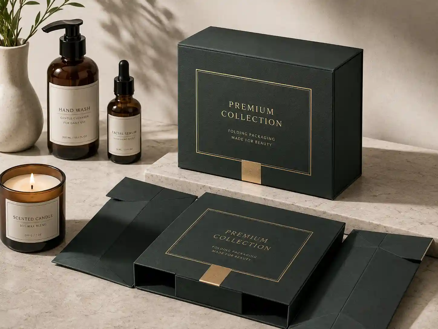 Foldable rigid box set showing space-saving premium gift packaging