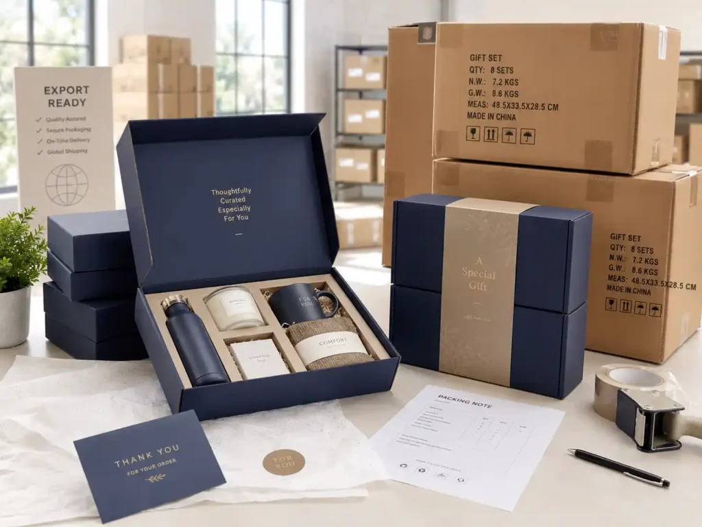 Export-ready gift box supplier packaging in factory showroom