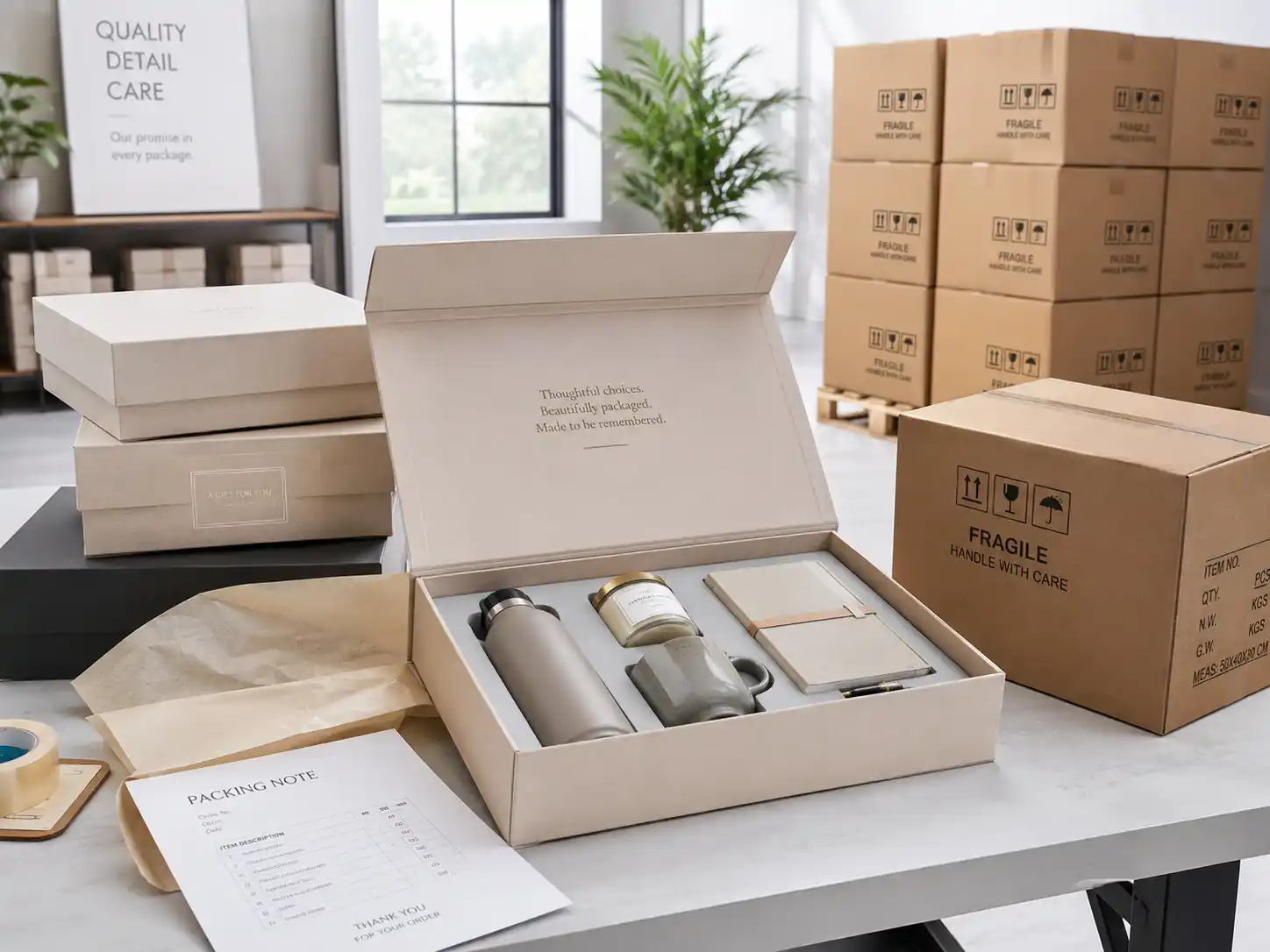Export-ready oem gift box packaging arranged in factory showroom