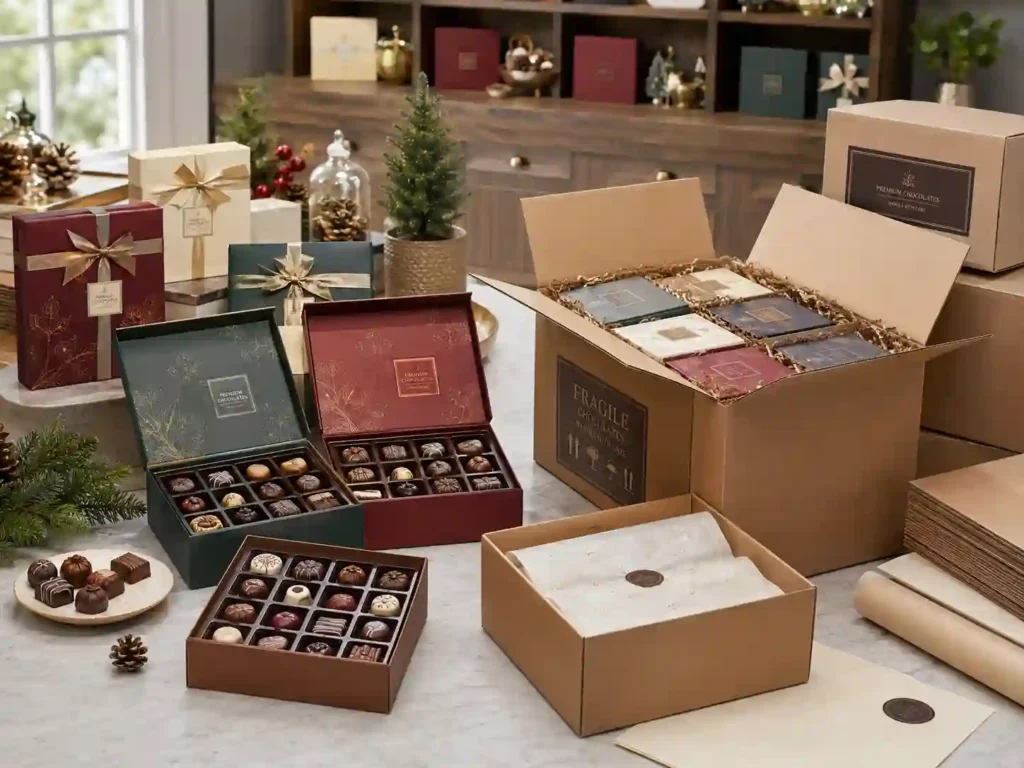 Seasonal chocolate gift boxes packed for showroom display and shipment