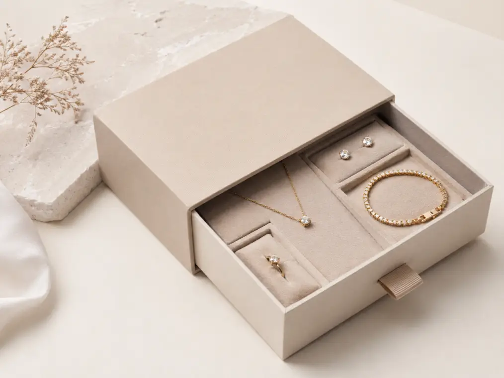 drawer gift box for jewelry brands with rings necklaces and premium presentation