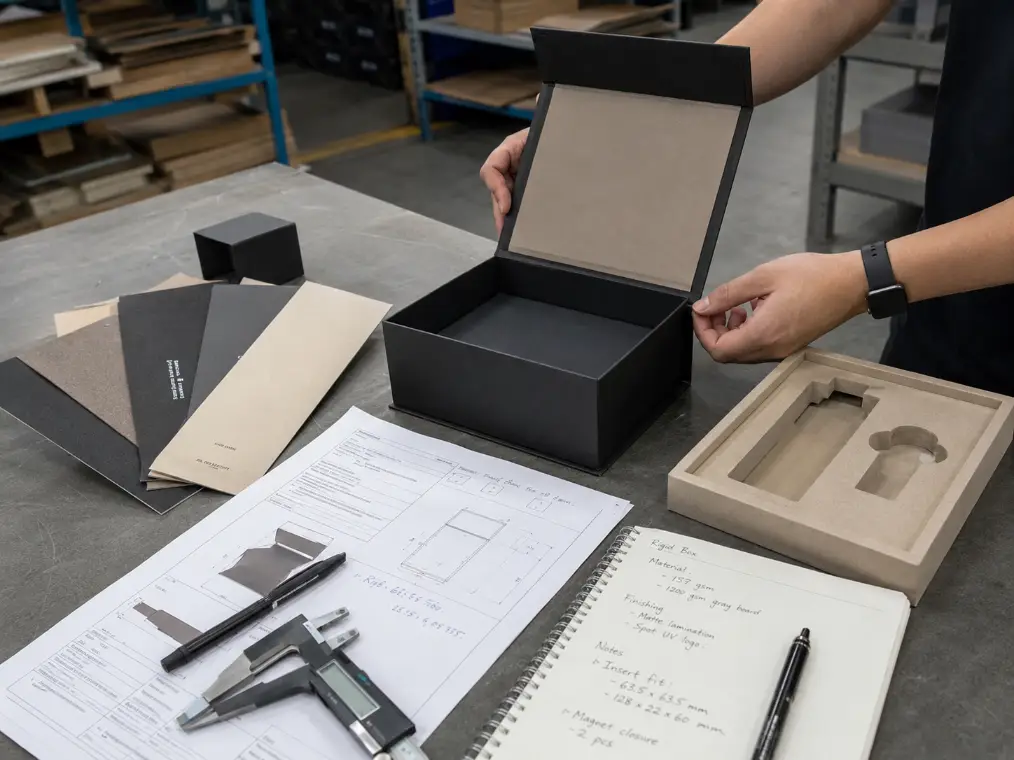 sample review and quote preparation for gift box packaging with product specs and insert planning