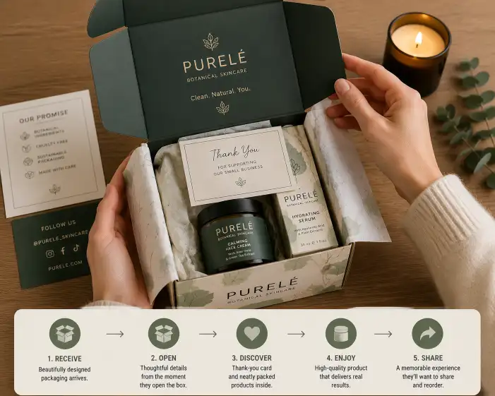 Customer unboxing a startup product — hands opening a branded folding carton with tissue paper inside, a thank-you card on top, and the product visible, showing the full unboxing experience