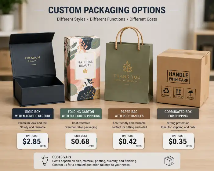 Four custom packaging types side by side — a rigid box with magnetic closure, a folding carton with full-color printing, a paper bag with rope handles, and a corrugated shipping box — each with a visible price tag showing different unit costs