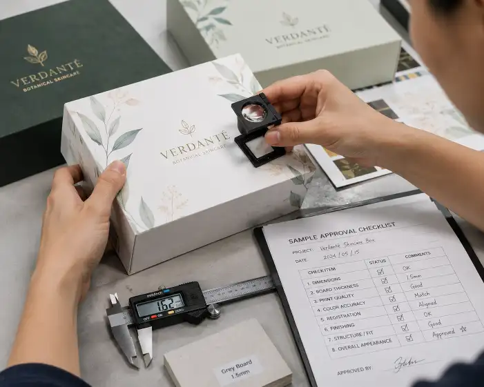 Hands inspecting a rigid box pre-production sample with a caliper measuring board thickness and a magnifying loupe checking print registration, with a sample approval checklist paper next to the box