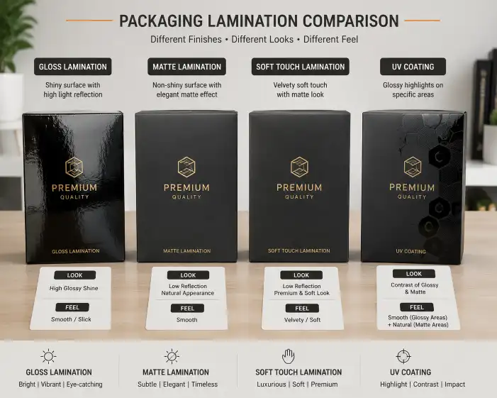 Packaging lamination comparison showing four box samples with gloss lamination matte lamination soft touch lamination and UV coating side by side with visible differences in shine and texture
