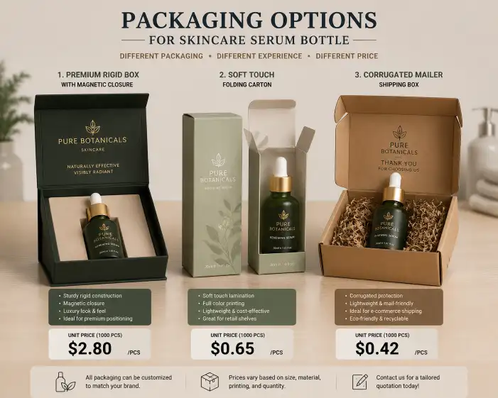 Three packaging options for a skincare serum bottle — a premium rigid box with magnetic closure, a soft touch folding carton, and a corrugated mailer — side by side with price tags and product inside