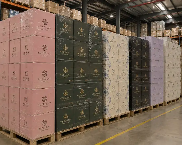 Warehouse pallet stacked with thousands of custom printed boxes showing bulk packaging inventory with brand logos visible on the cartons