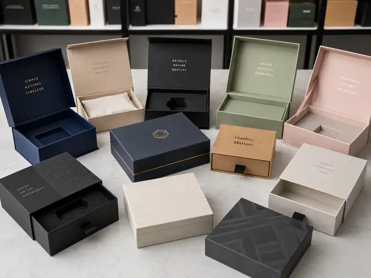 collection of rigid box samples from different manufacturers showing various finishes and construction quality