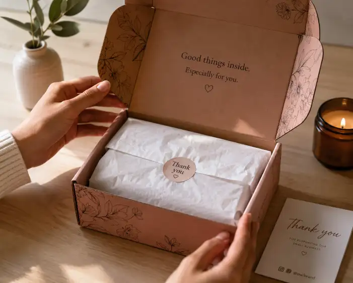ecommerce brand unboxing experience with custom printed corrugated box and tissue paper