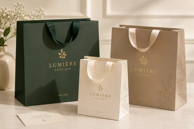 custom printed paper bags with foil stamped logo on coated paper for luxury retail boutique