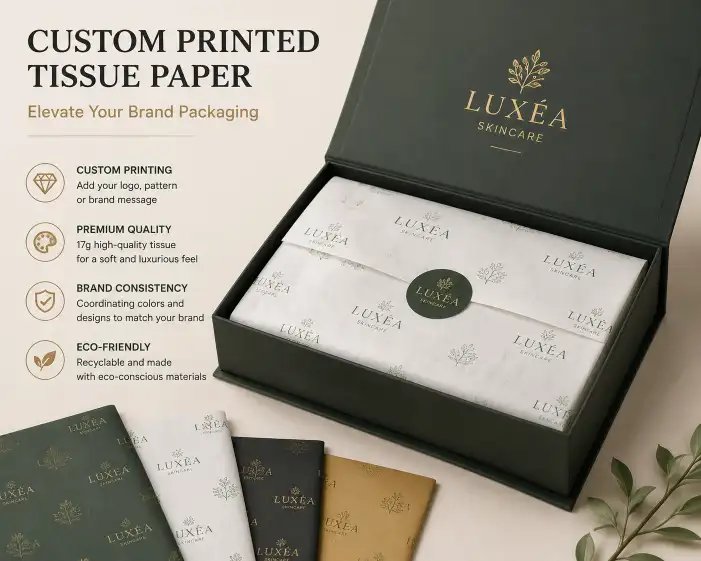 custom printed tissue paper sheets in a rigid gift box with brand logo and coordinating colors