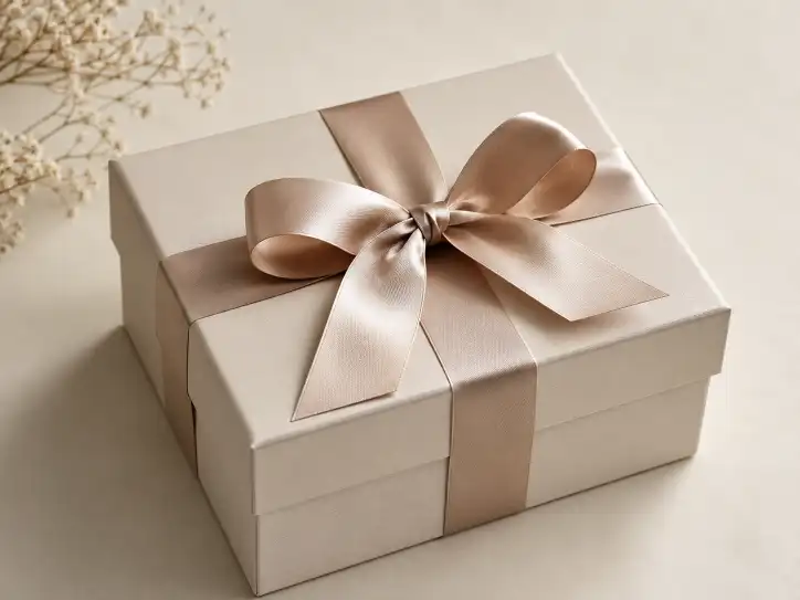 custom ribbon gift box with satin bow tied around a rigid box lid with elegant presentation