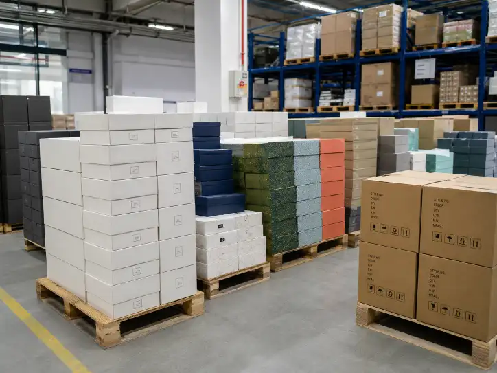 custom rigid boxes stacked in factory warehouse ready for shipping