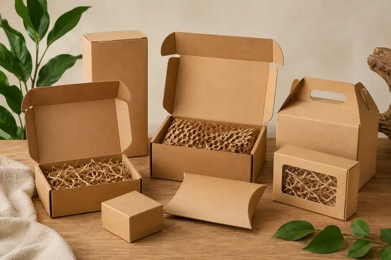 eco-friendly kraft gift boxes with recycled paper inserts and natural finish packaging arranged on a wooden surface
