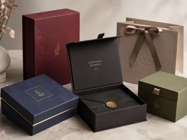 luxury rigid gift boxes with premium materials and finishes on display
