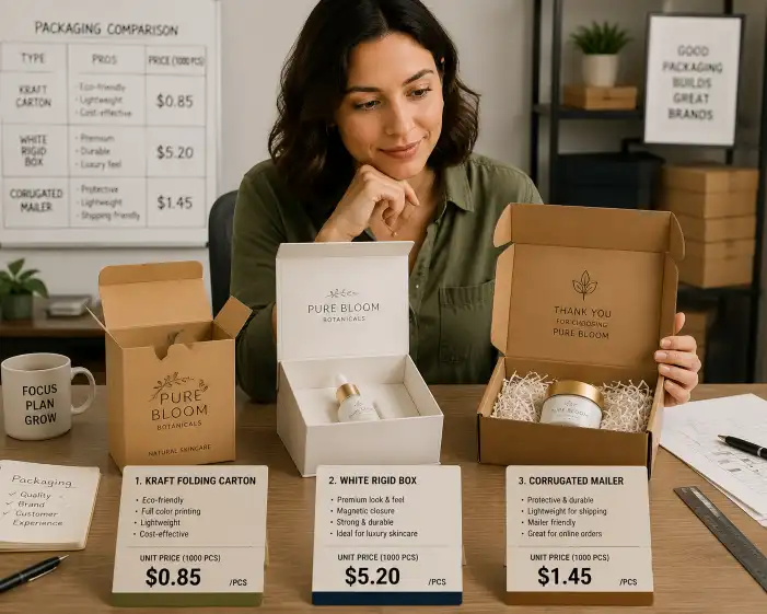 Small business owner reviewing three packaging samples on a desk — a kraft folding carton, a white rigid box, and a corrugated mailer — with price tags showing different per-unit costs